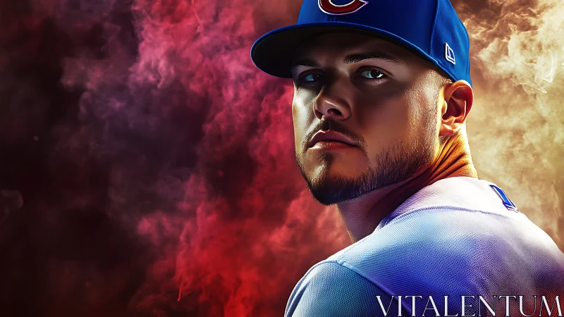 Brooding baseball player crowned in stormy stadium smoke.