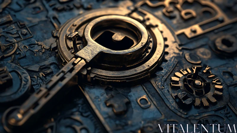 Gleaming mechanical key resting in a mysterious lock plate.