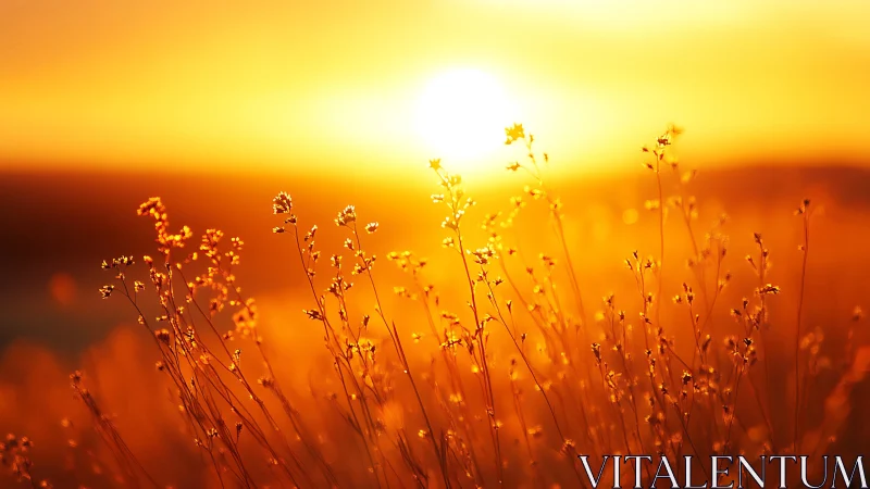 Golden wildflowers glow beneath a radiant summer sunset.