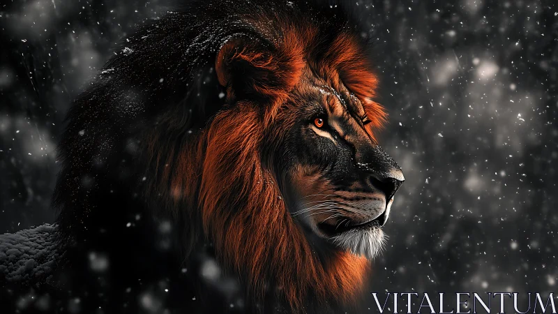 Lion profile rendered in snow with high contrast lighting