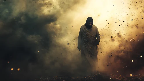 Hooded robed figure walking through dense airborne debris.