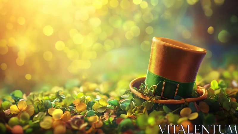 Golden leprechaun top hat in shamrock field, warm bokeh glow