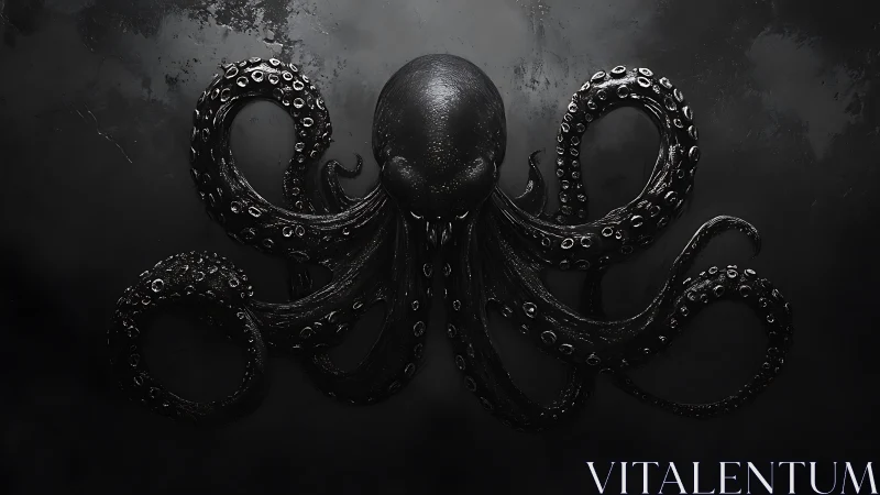 Dark monochrome octopus spreads curling tentacles outward.