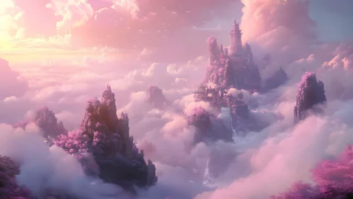 Dreamlike pink cloud kingdom floating between soft skies.
