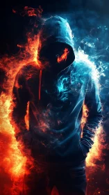Hooded figure forged from dual fire and ice flames.