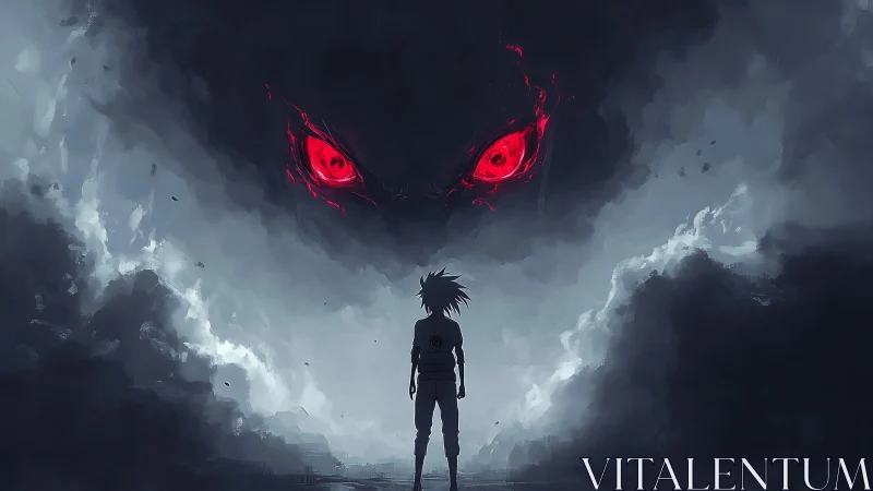 Backlit anime silhouette confronts colossal red-eyed storm entity