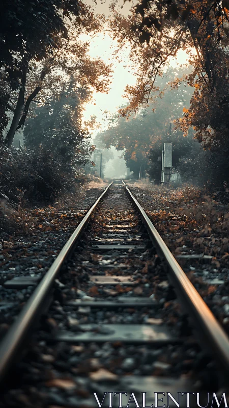 Autumn railway perspective through misty forest corridor.