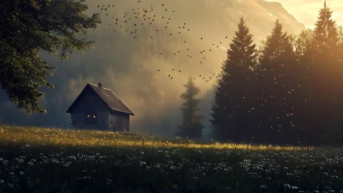 Sunlit forest cabin rests in misty mountain meadow at dawn.