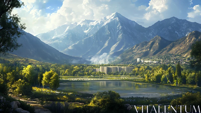 Mountain valley lake reflects sunlit peaks and distant cityscape