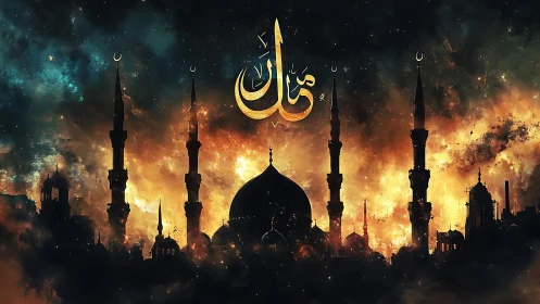 Mosque silhouette under cosmic sky with Arabic calligraphy.
