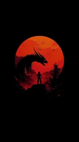 Crimson moon crowns lone warrior before looming shadow dragon