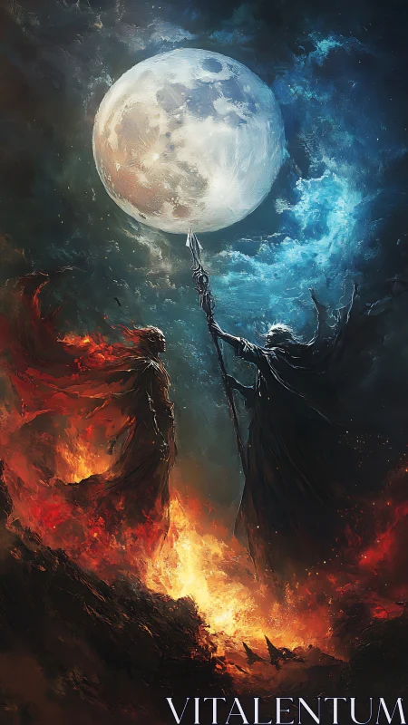 Celestial duel beneath the burning moonlit sky.