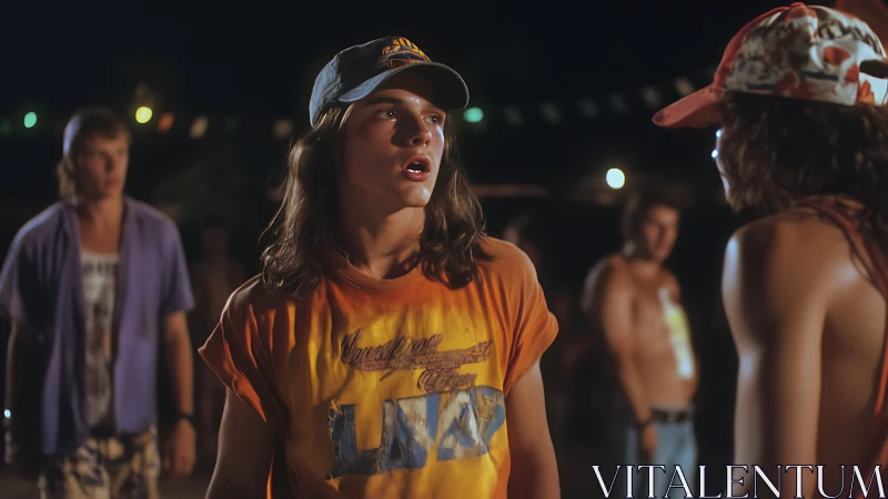 Cinematic nighttime standoff among youths in shallow focus.