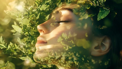 Serene woman’s face surrounded by lush green foliage, dreamy sunlight.