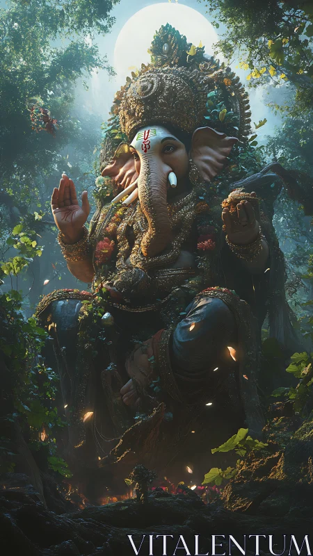 Moonlit forest deity leans forward as jeweled foliage glows