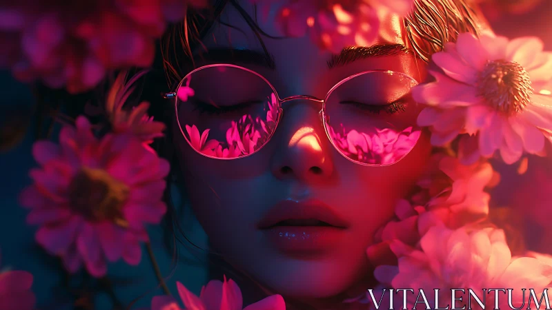 Dreamy neon blossoms reflected in soft pink glasses.