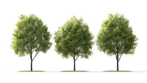 Three symmetrically spaced green trees on pure white ground.