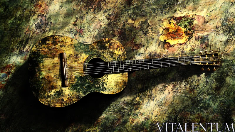 Textured acoustic guitar on abstract painted background.