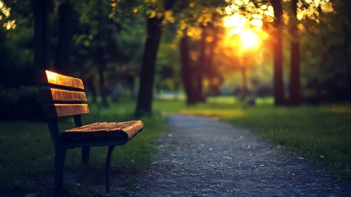 Golden park bench at sunset along a quiet winding path.