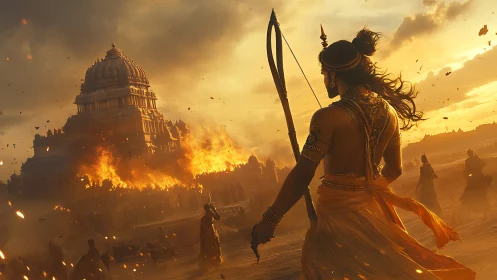 Warrior archer faces burning temple under stormed sky.
