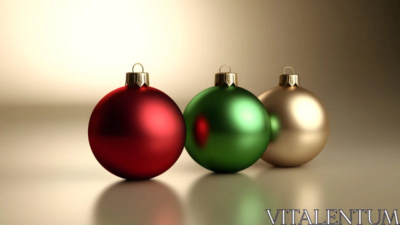 Triad of glossy Christmas baubles under soft studio lighting