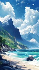 Rocky coastal beach with turquoise sea and tall mountains.