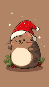 Chubby Christmas cat illustration with Santa hat and holly.