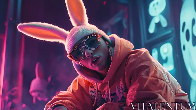 Neon rabbit-ears streetwear portrait in cinematic bokeh glow.
