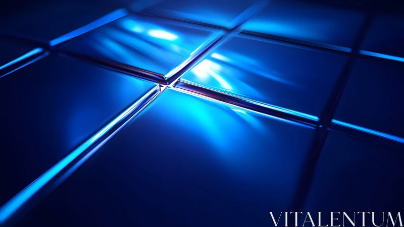 Futuristic blue glass tiles with glowing light reflections, digital art.