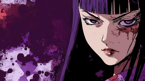 Purple-haired anime girl with bruised face and splattered blood.