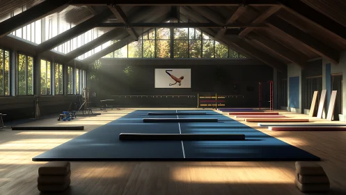 Sunlit wooden-girder gymnasium with parallel blue mats and beam