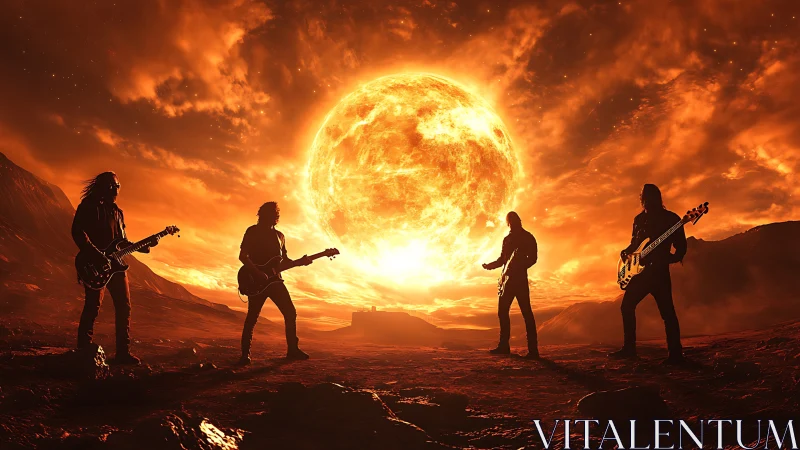 Rock band silhouettes on fiery alien desert at sunset.
