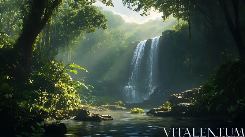 Waterfall Cascades Through Emerald Forest Canopy.