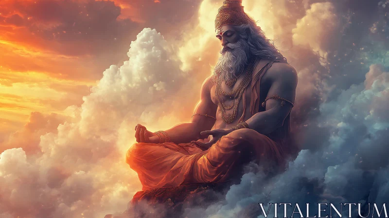 Meditative sage seated among glowing clouds at sunset.