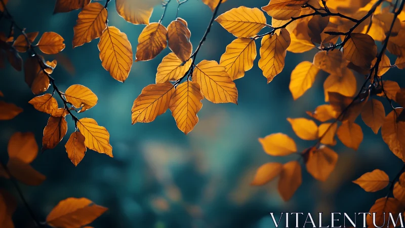 Vibrant autumn leaves on branches in soft focus, moody nature style.
