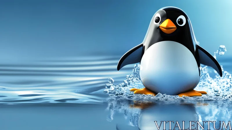 Cute Cartoon Penguin Standing in Water, Vibrant Digital Art.