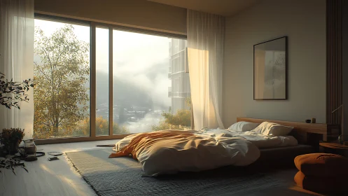 Modern bedroom with sunrise view through large windows.