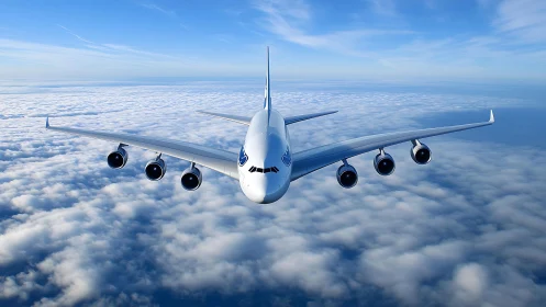 Widebody jet cruises above dense cloud layer in clear sky