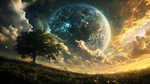 Majestic lone tree rests beneath a colossal cosmic planet.