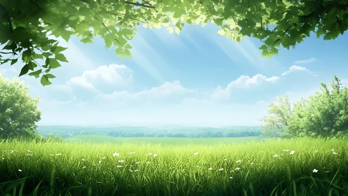Sunlit green meadow lies under clear blue summer sky