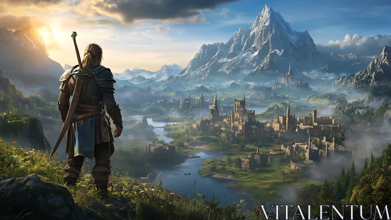 Lone wanderer greeting a sunlit valley kingdom below.