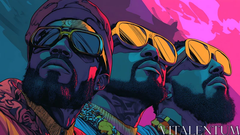 Neon-tinged hip-hop trio gaze upward in bold vector color.