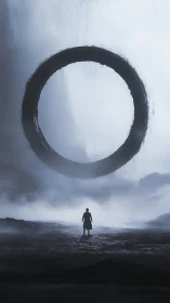 Solitary observer beneath colossal levitating monolithic ring.