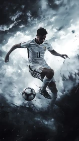 Storm-slicing striker suspended in a swirling sky of smoke.