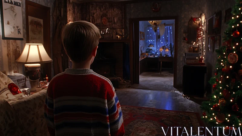 Child stands in dim interior facing lit adjoining room