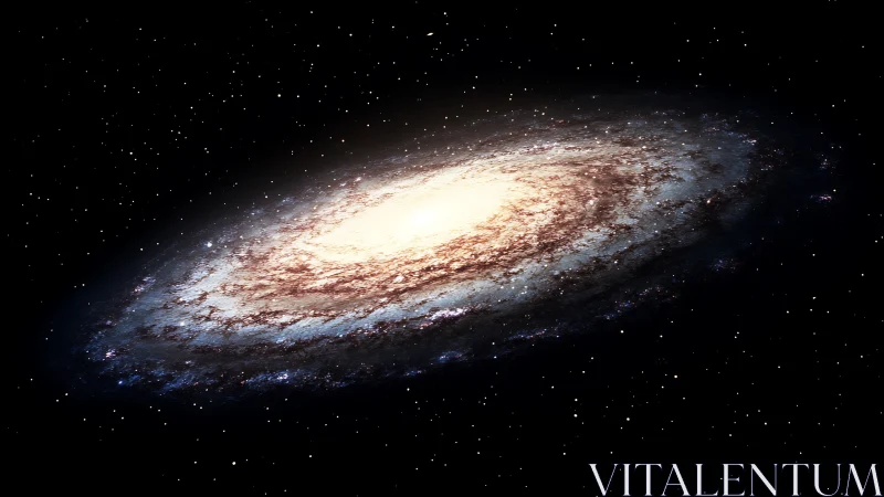 Spiral galaxy rendered in oblique perspective with luminous core
