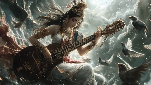 Divine musician strums celestial strings amid swirling birds