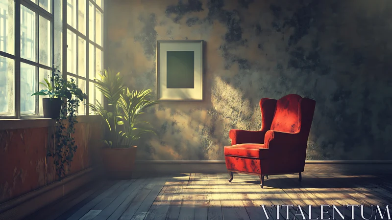 Velvet armchair basks in warm window light, textured walls.