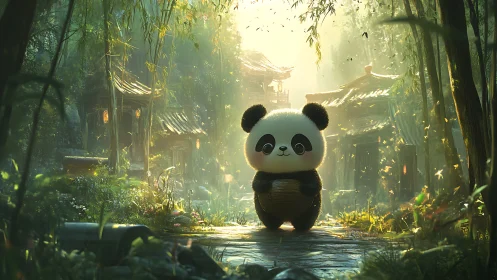 Cute panda with basket in lush bamboo forest village.