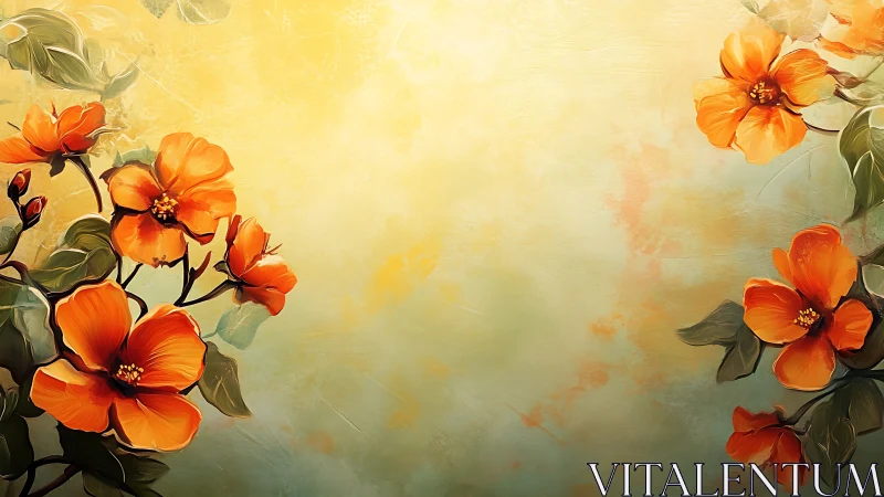 Vibrant Orange Blossoms Against Gradient Background with Atmospheric Luminosity.